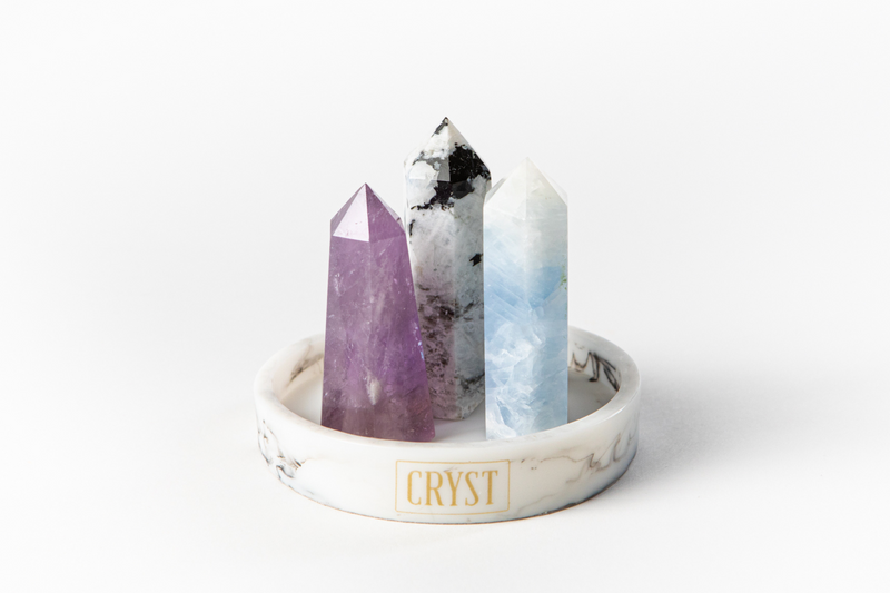 Cancer Crystal Trio - Rainbow Moonstone, Blue Calcite + Amethyst