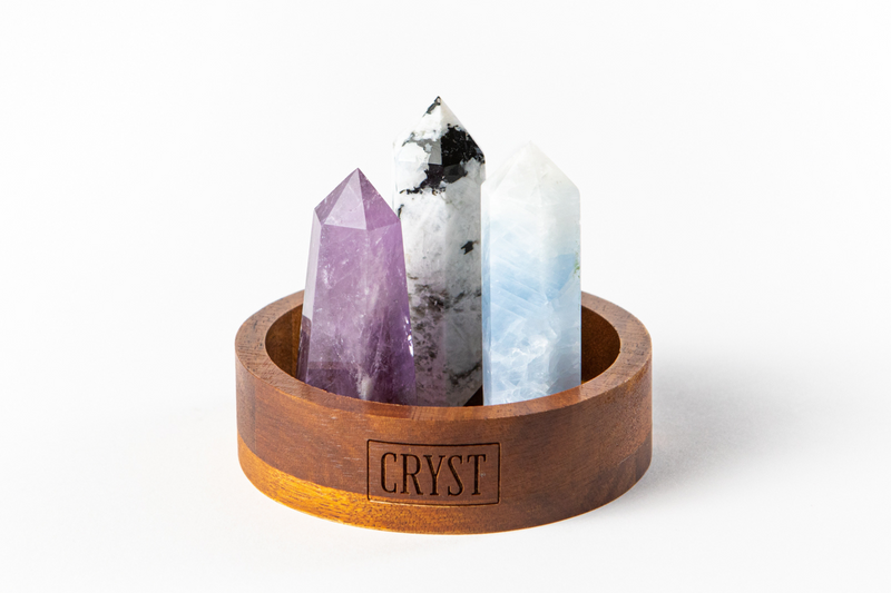Cancer Crystal Trio - Rainbow Moonstone, Blue Calcite + Amethyst