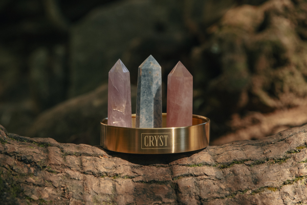  The Mothers Trio crystal set includes rose quartz, blue calcite and amethyst crystals. These crystals work in synergy to encourage self-love, self-compassion and facilitate open communication; comes on a CRYST Collective brass base. CRYST Collective modern interior decor pieces Australia.