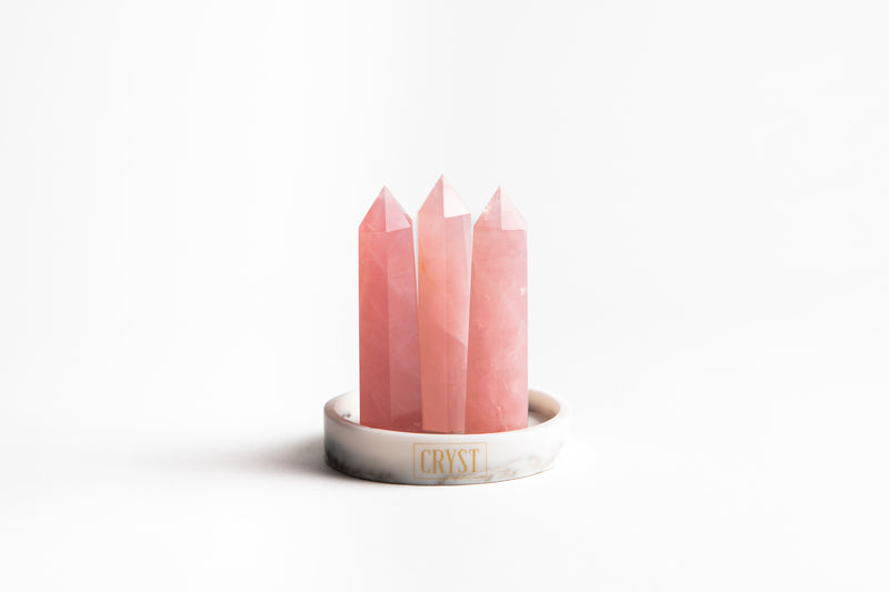 Rose Quartz Trio crystal set includes 3 Rose Quartz crystals on a brass, white or wood base. From the Cryst Collective, Love Collection. Relax, love, soothe emotions, open your heart, self-love.