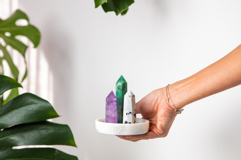 Libra Trio zodiac crystals - Green Aventurine, Amethyst, Rainbow Moonstone crystals on a marble base. CRYST Collective authentic energy-charged crystal decor pieces Australia.