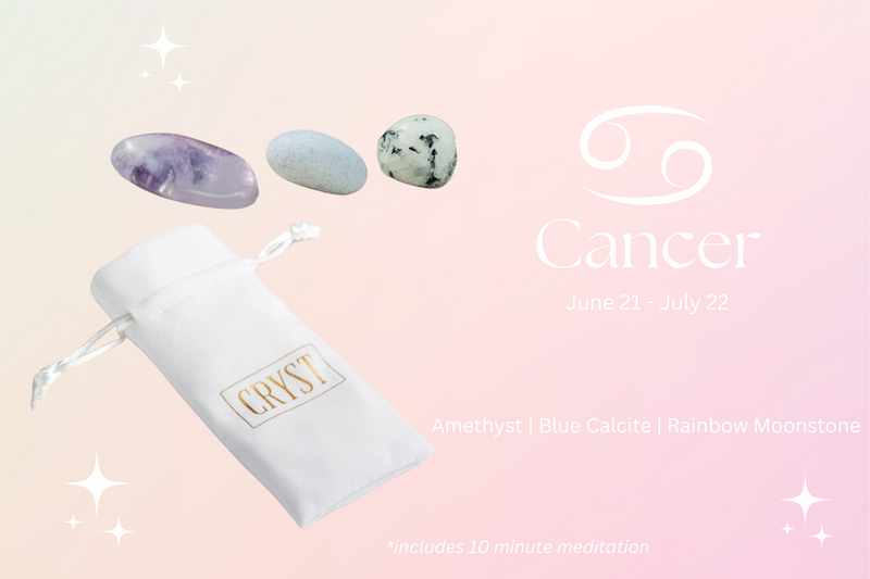Cancer Crystal Tumbles - Rainbow Moonstone, Blue Calcite + Amethyst
