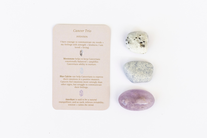 Cancer Crystal Tumbles - Rainbow Moonstone, Blue Calcite + Amethyst