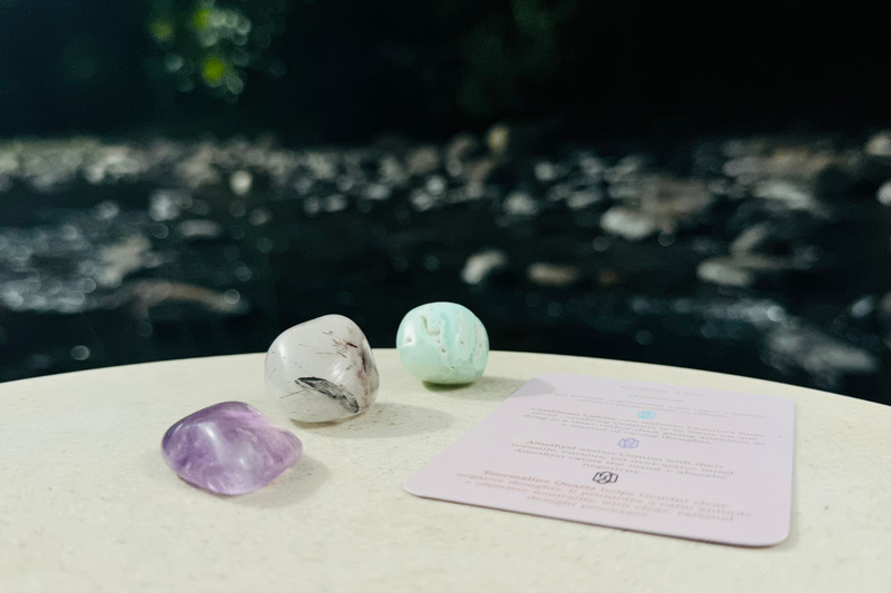 Gemini Crystal Trio Tumbles - amethyst, Caribbean Calcite and Tourmaline Quartz