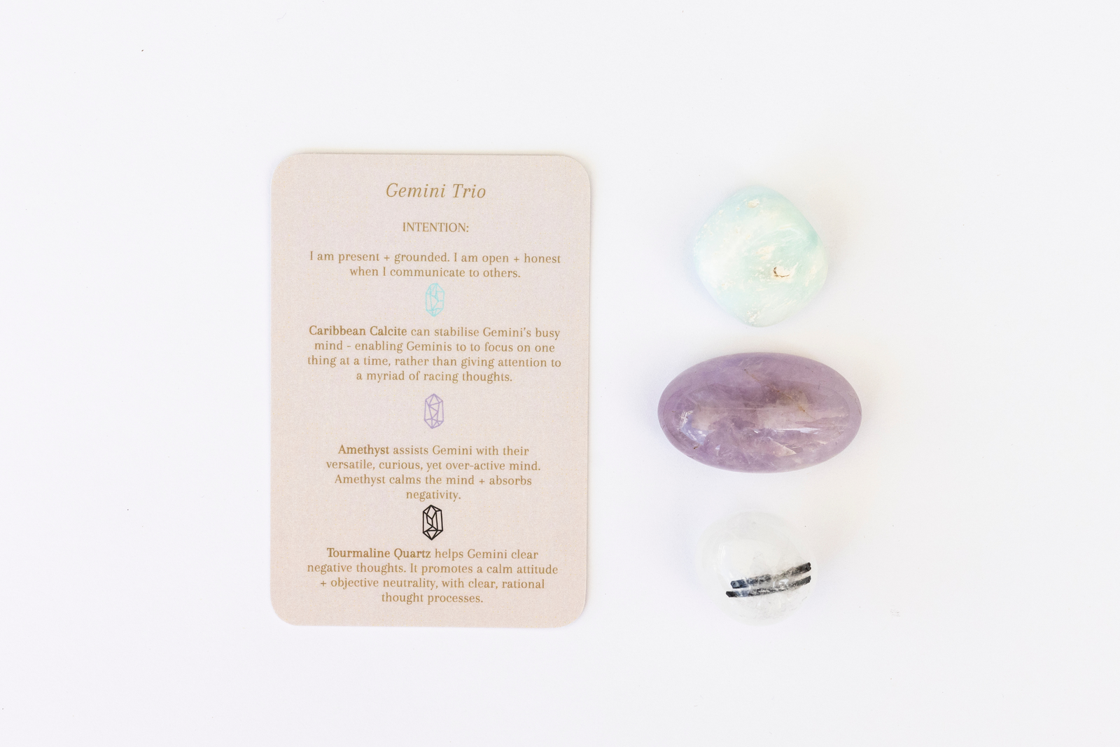 Gemini Crystal Tumbles - Caribbean Calcite, Tourmaline Quartz +