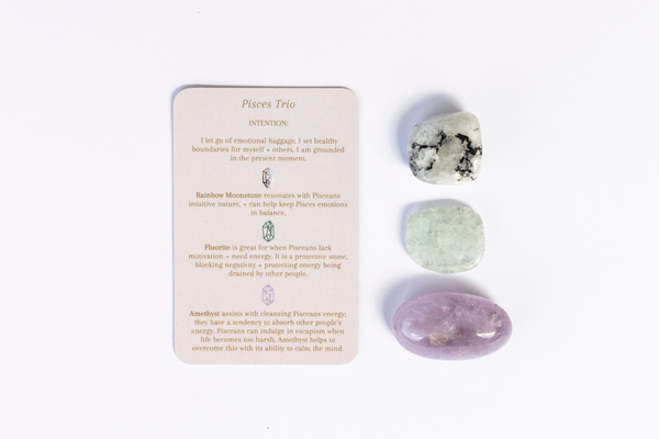 Pisces Crystal Tumbles - Rainbow Moonstone, Fluorite + Amethyst