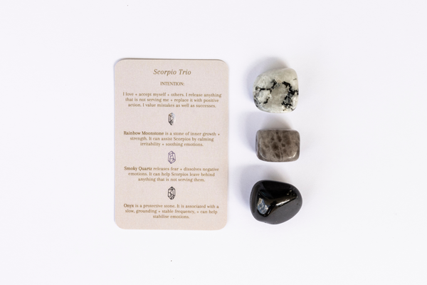 Scorpio Crystal Tumbles - Onyx, Smoky Quartz + Rainbow Moonstone