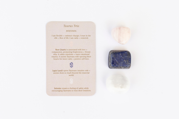 Taurus Crystal Tumbles - Rose Quartz, Selenite + Lapis Lazuli