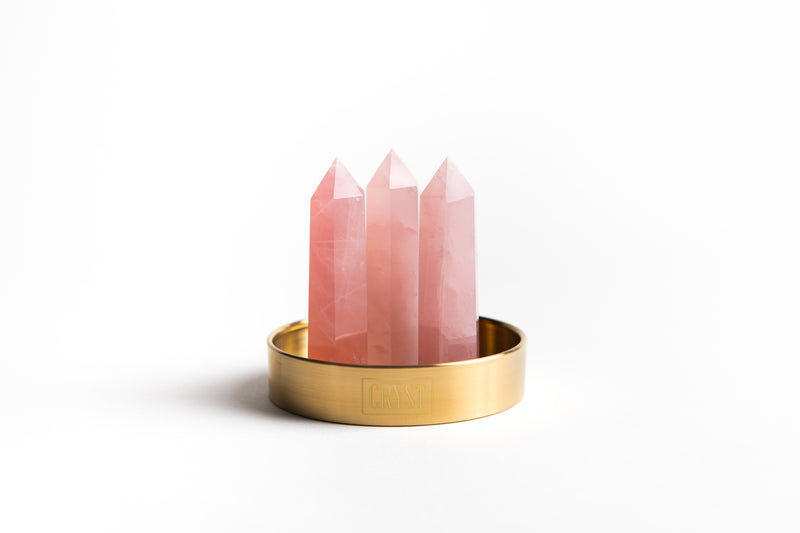 Rose Quartz Trio crystal set includes 3 Rose Quartz crystals on a brass, white or wood base. From the Cryst Collective, Love Collection. Relax, love, soothe emotions, open your heart, self-love.