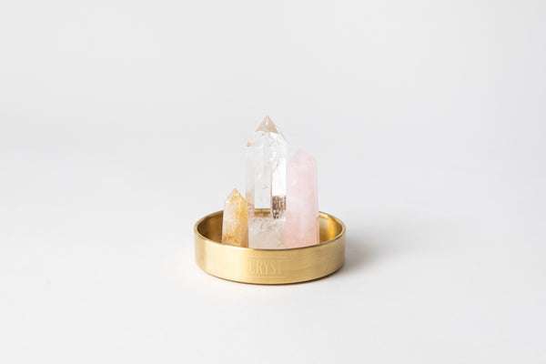 Abundance trio crystal set citrine rose quartz clear quartz brass base. Buy crystals online at Cryst Collective.