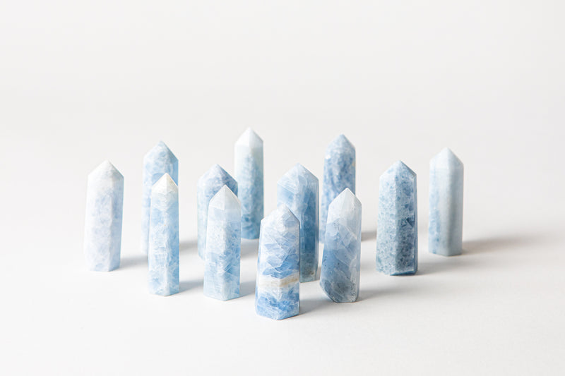 Blue Calcite authentic crystal points, CRYST Collective interior decor pieces. Buy crystals online at Cryst Collective.