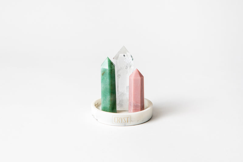 Calming and Healing Trio crystal set including clear quartz, green aventurine and pink opal crystals. These crystals work in synergy to calm the mind and heal the heart and reduces stress. On a CRYST Collective marble base.