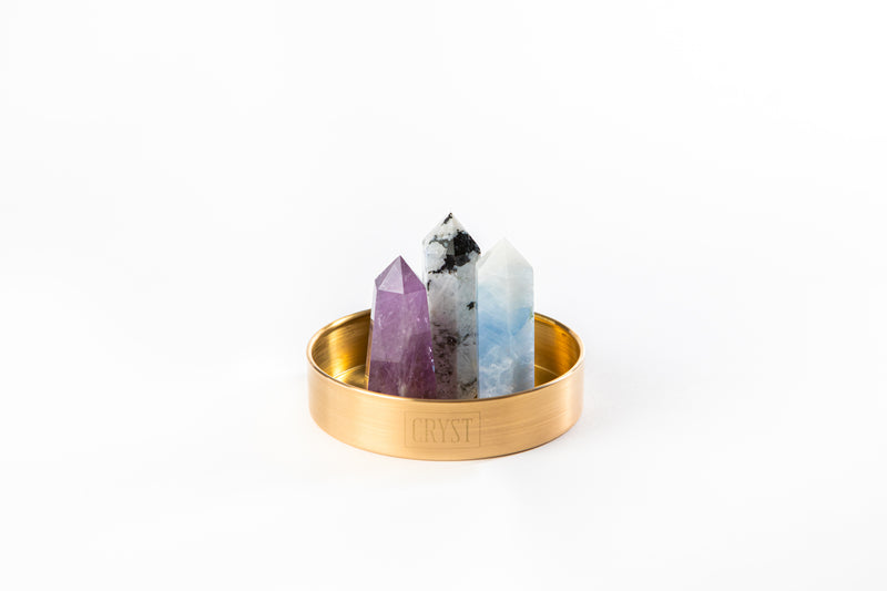 Cancer zodiac sign crystal set including blue calcite, rainbow moonstone and amethyst authentic crystals on CRYST Collective brass base. Buy crystals online at Cryst Collective.