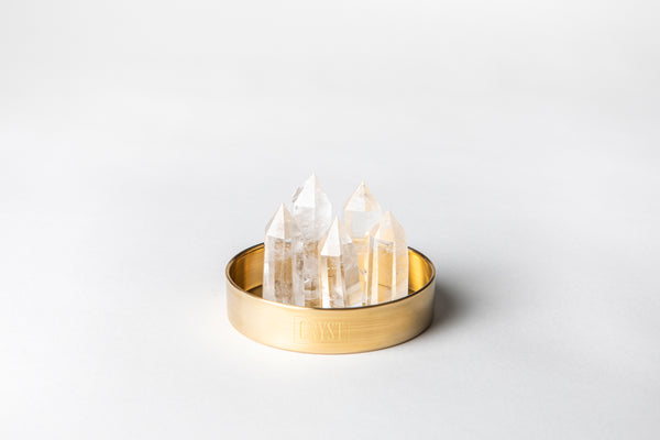 Clear Quartz Mini Cluster comes as a set of 5 Clear Quartz authentic crystal points on a CRYST Collective brass base. CRYST Collective interior decor pieces Australia.