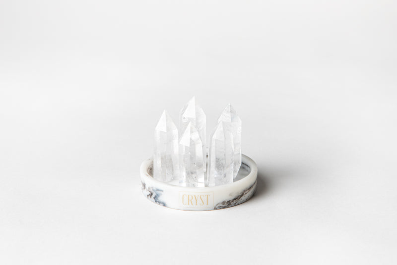 Clear Quartz Mini Cluster comes as a set of 5 Clear Quartz authentic crystal points on a CRYST Collective white marble base. CRYST Collective interior decor pieces Australia.