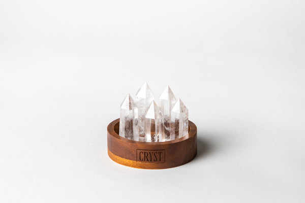 Clear Quartz Mini Cluster comes as a set of 5 Clear Quartz authentic crystal points on a CRYST Collective wood base. CRYST Collective interior decor pieces Australia.