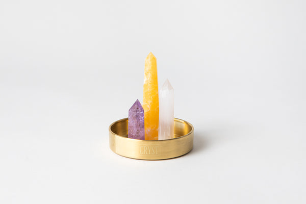 Clearing Energy Trio crystal set including amethyst, selenite and orange calcite crystals on a CRYST Collective brass base. CRYST Collective interior decor pieces Australia.