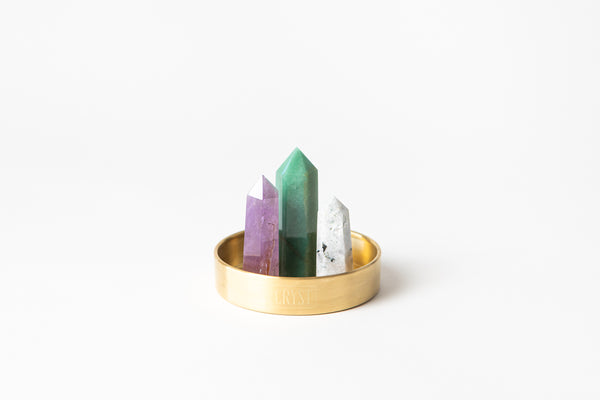 Libra zodiac star sign crystal set including amethyst, rainbow moonstone and green aventurine crystals on a CRYST Collective brass base. Buy crystals online at Cryst Collective. Energy-charged crystals.