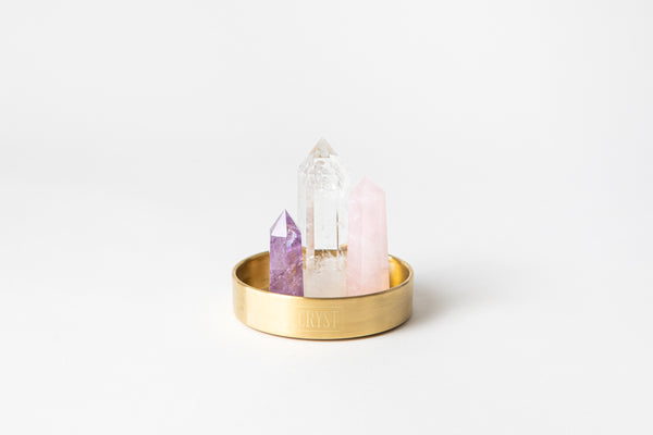 Relaxation Trio crystal set includes Rose Quartz, Amethyst and Clear Quartz to calm the mind and open your heart. Cryst Collective brass base.