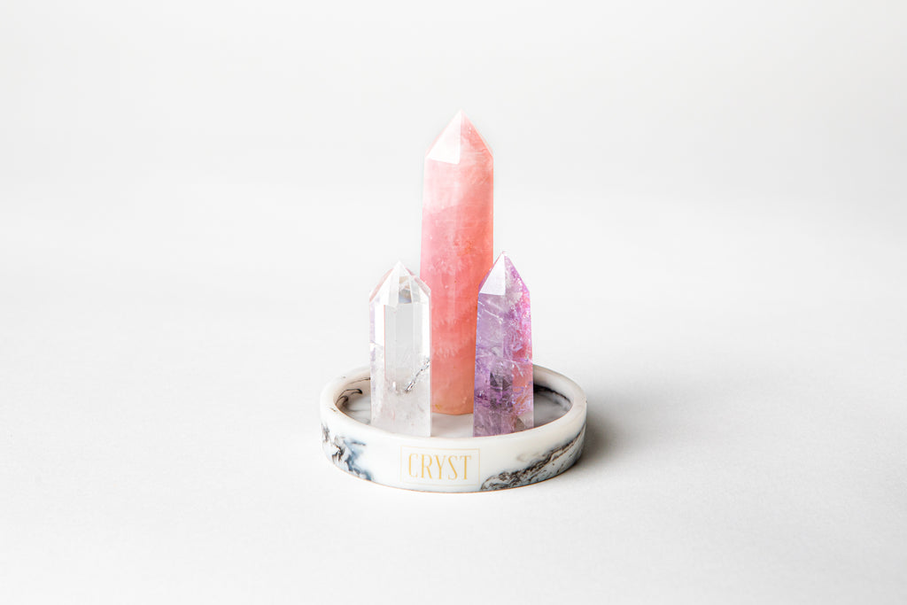 relaxation trio of crystals. Amethyst, Rose Quartz and Clear Quartz. Buy crystals online at Cryst Collective Australia.