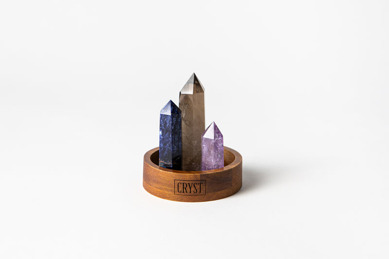 Sagittarius zodiac star sign crystal set including amethyst, smoky quartz and sodalite crystals on a CRYST Collective wood base. Buy crystals online at Cryst Collective.
