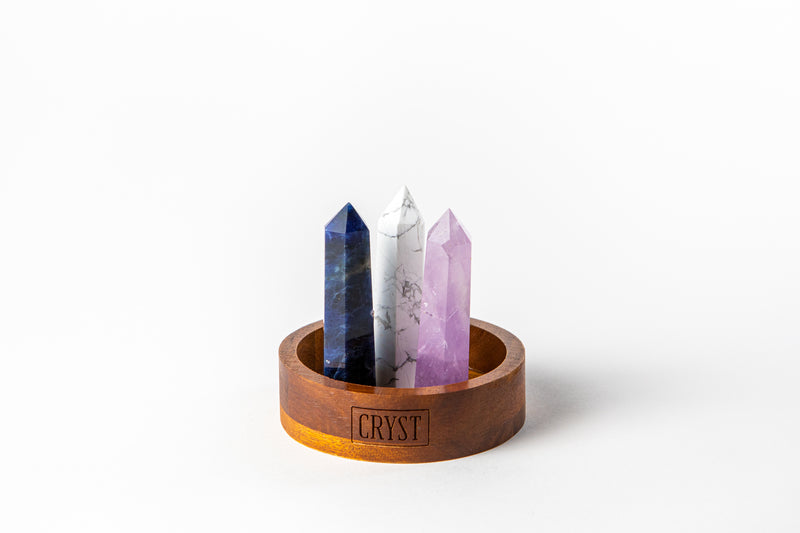 The Sleep Trio crystal set includes Smoky Quartz, White Howlite and Amethyst crystals. These crystals work in synergy to relax the body and mind to promote sleep and relaxation, comes on a CRYST Collective wood base. CRYST Collective modern interior decor pieces Australia.
