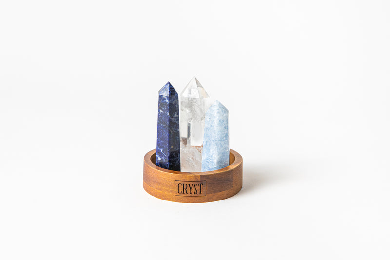 Your Authentic Truth trio crystal set includes Sodalite, Clear Quartz and Blue Calcite crystals. These crystals work in synergy to promote authenticity, individuality and self-expression, comes on a CRYST Collective wood base. CRYST Collective modern interior decor pieces Australia.
